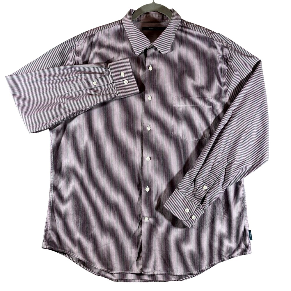 Perry Ellis Mens XL Long Sleeve Button Down Shirt Purple Striped Cotton Pocket